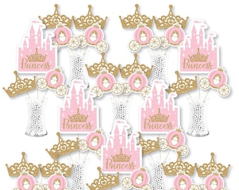 Little Princess Crown - Pink and Gold Princess Baby Shower or Birthday Party Centerpiece Sticks - Showstopper Table Toppers - 35 Pieces