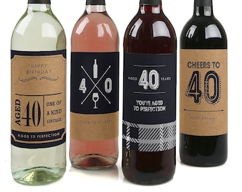 May include: Four wine bottle labels with a 40th birthday theme. The labels are brown with black text and graphics. The text on the labels reads "Happy Birthday", "Aged 40 Years", "Cheers to 40 Years", and "Cheers to 40".