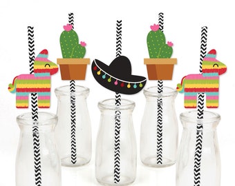 Let's Fiesta - Die-Cut Straw Decorations - Mexican Fiesta Paper Cut-Outs & Striped Paper Straws - Cinco de Mayo - Fiesta Party - 24 Pcs.