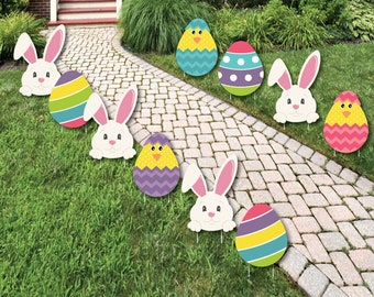 Easter Bunny & Egg Yard Decorations -  Outdoor Easter Lawn Decorations - Hippity Hoppity - Easter Bunny Lawn Ornaments - 10 Piece Set