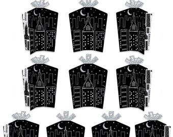 Nighttime City Skyline - Table Decorations - New York Party Fold and Flare Centerpieces - 10 Count