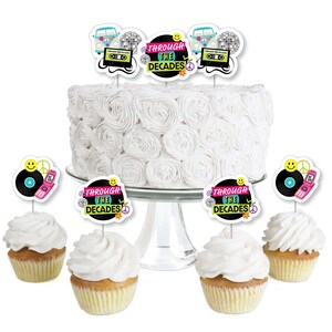 Through the Decades - Dessert Cupcake Toppers - 50s, 60s, 70s, 80s, and 90s Party Clear Treat Picks - Set of 24