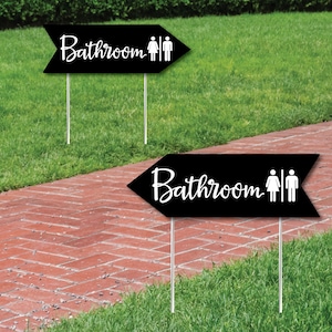 Wedding & Reception Signs - Black Wedding Bathroom Sign - Double Sided Directional Yard Signs - Wedding Sign Arrow - Set of 2 Bathroom Sign