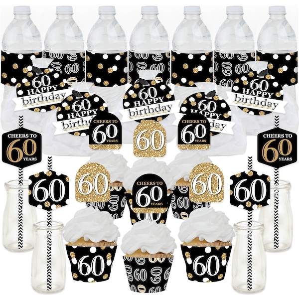 Adult 60th Birthday - Gold - Birthday Party Favors and Cupcake Kit - Fabulous Favor Party Pack - 100 Pieces