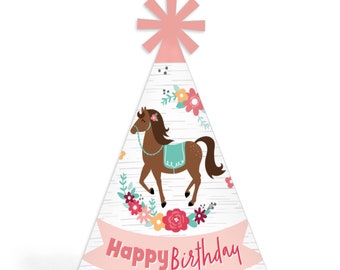 Run Wild Horses - Cone Happy Birthday Party Hats for Kids and Adults - Set of 8 (Standard Size)