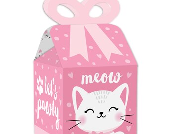 Purr-fect Kitty Cat - Square Favor Gift Boxes - Kitten Meow Baby Shower or Birthday Party Bow Boxes - Set of 12