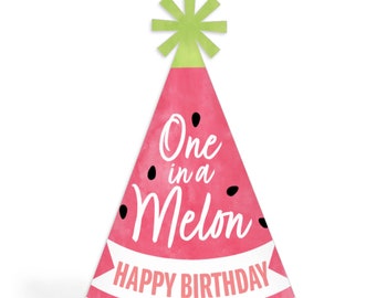 May include: Watermelon-themed party hat with the text "One in a Melon Happy Birthday".