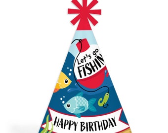 Let’s Go Fishing - Cone Happy Birthday Party Hats for Kids and Adults - Set of 8 (Standard Size)