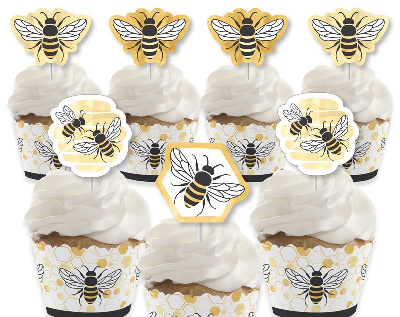 Little Bumblebee Cupcake Decoration Bee Baby Shower or Birthday Party Cupcake Wrappers and Treat Picks Kit Set of 24
