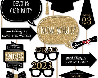 Tassel Worth the Hassle - Gold Photo Booth Props Kit - Personalized 2023 Graduation Party - 20 Count