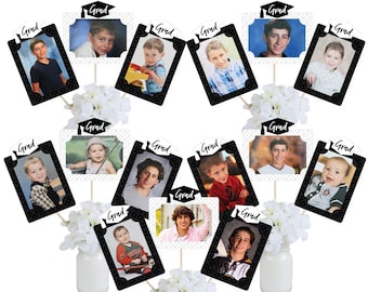 Black and White Grad Photo Table Toppers - Best is Yet to Come Graduation Party Picture Centerpiece Sticks - 15 Pieces