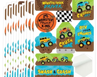 Smash and Crash - Monster Truck - Boy Birthday Party Favor Sticker Set - 12 Sheets - 120 Stickers