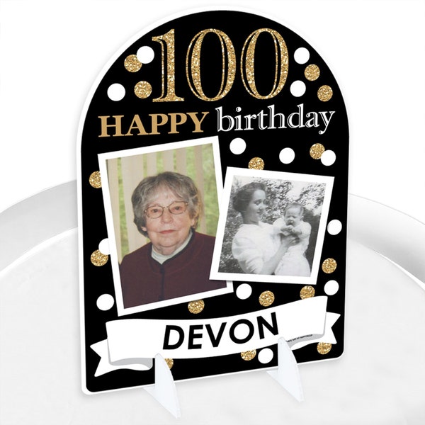 Adult 100th Birthday - Gold - Personalized Birthday Party Picture Display Stand - Photo Tabletop Sign - Upload 2 Photos - 1 Piece