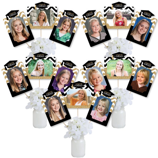 Black & Gold Grad Photo Table Toppers - Tassel Worth The Hassle Graduation Party Picture Centerpiece Sticks - 15 Pieces