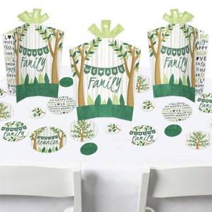 May include: Green and brown table confetti with a watercolor effect. The confetti features trees, leaves, and the text "We Are Family".
