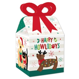 Christmas Pets - Square Favor Gift Boxes - Cats and Dogs Holiday Party Bow Boxes - Set of 12