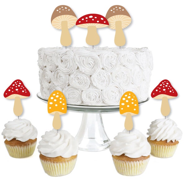 Wild Mushrooms - Dessert Cupcake Toppers - Red Toadstool Party Clear Treat Picks - Set of 24