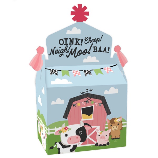 Girl Farm Animals - Treat Box Party Favors - Pink Barnyard Baby Shower or Birthday Party Goodie Gable Boxes - Set of 12