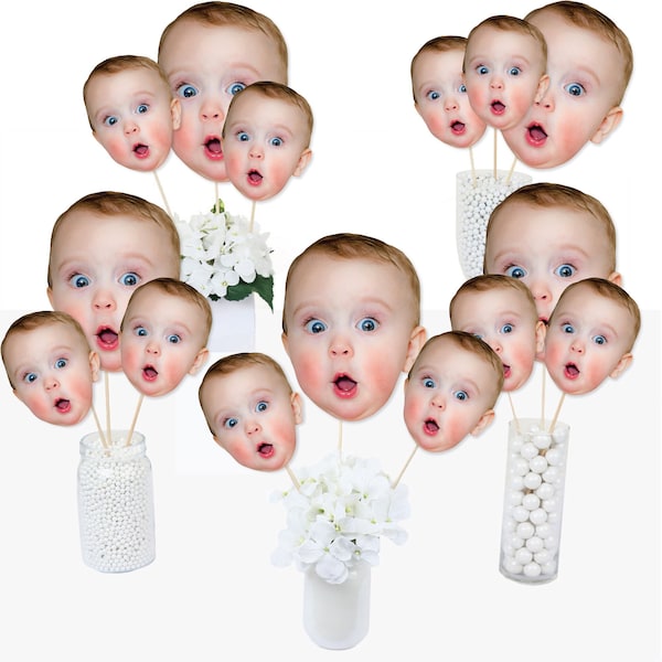 Fun Face Cutout Centerpiece Sticks - Custom Photo Head Cut Out Table Toppers - Upload 1 Photo - Set of 15