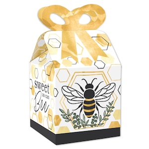 Little Bumblebee - Square Favor Gift Boxes - Bee Baby Shower or Birthday Party Bow Boxes - Set of 12