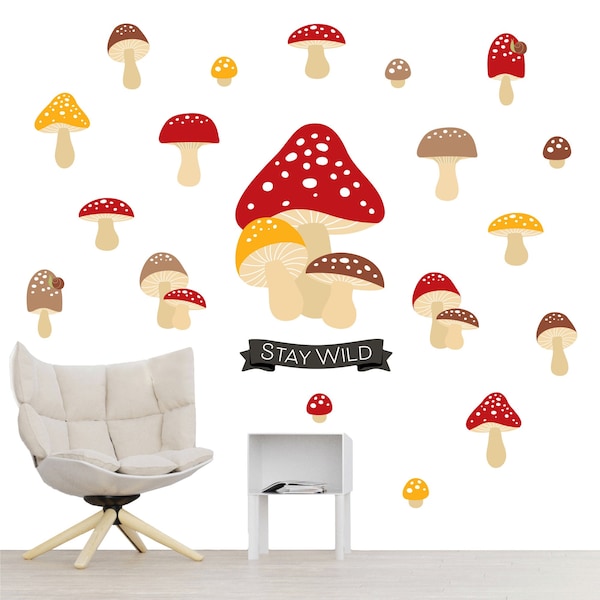 Wild Mushrooms - Peel and Stick Red Toadstool Room Decor Vinyl Wall Art Stickers - Wall Decals - Set of 20