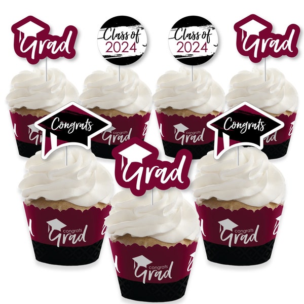 Maroon Grad - Best is Yet to Come - Cupcake Decoration - 2024 Burgundy Graduation Party Cupcake Wrappers and Treat Picks Kit - Set of 24