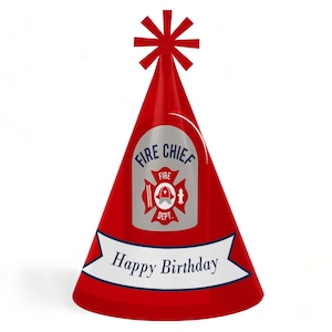 Fired Up Fire Truck Birthday Party Hats - Firefighter Firetruck Birthday Party Supplies - Party Hats - Set of 8 (Standard Size)