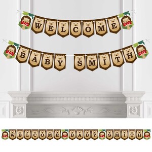 Erizos de bosque personalizados - Banderines y decoraciones para baby shower de bosque personalizados - Banderín con nombre personalizado de bienvenida para bebé
