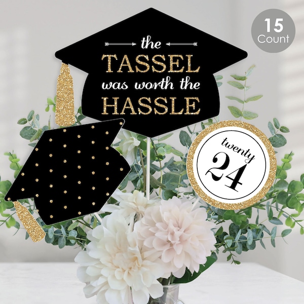 2024 Black & Gold Graduation Party Centerpiece Sticks - Tassel Worth The Hassle Table Toppers - Set of 15