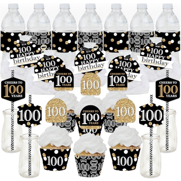 Adult 100th Birthday - Gold - Birthday Party Favors and Cupcake Kit - Fabulous Favor Party Pack - 100 Pieces