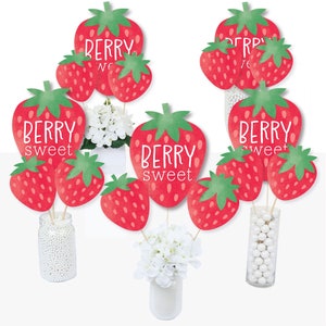 Berry Sweet Strawberry - Fruit Themed Birthday Party or Baby Shower Centerpiece Sticks - Table Toppers - Set of 15