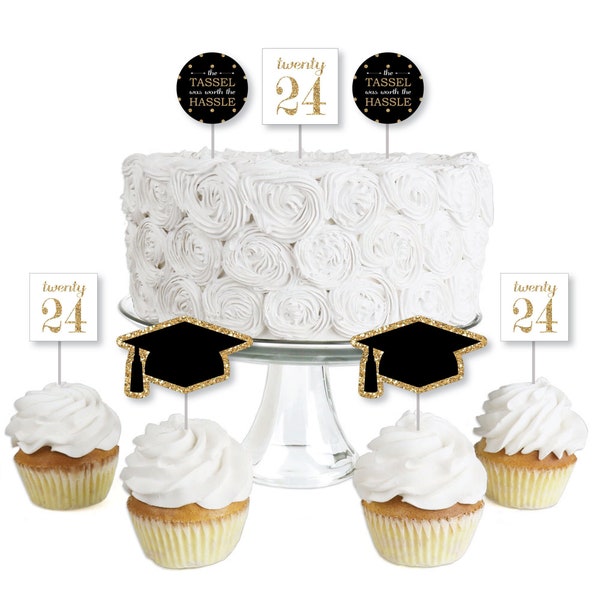 Tassel Worth The Hassle - Gold - Dessert Cupcake Toppers - 2024 Graduation Party Clear Treat Picks - Set of 24