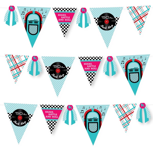 50’s Sock Hop - DIY 1950s Rock N Roll Party Pennant Garland Decoration - Triangle Banner - 30 Pieces