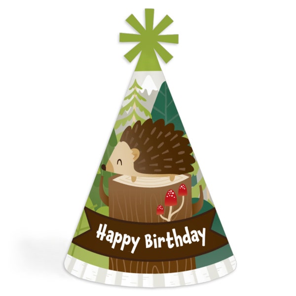 Forest Hedgehogs - Cone Happy Birthday Party Hats for Kids and Adults - Set of 8 (Standard Size)