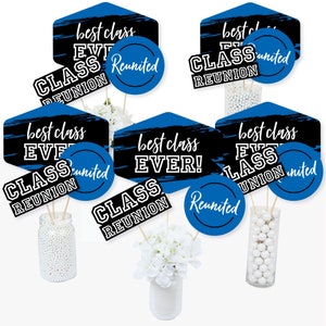 May include: Blue and black class reunion party decorations with the text "best class ever!" and "class reunited".