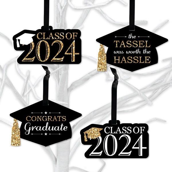 Tassel Worth The Hassle - Gold - 2024 Graduation Decorations - Tree Ornaments - Set of 12