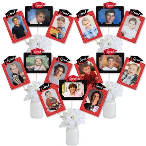 Red Grad Photo Table Toppers - Best is Yet to Come Graduation Party Picture Centerpiece Sticks - 15 Pieces