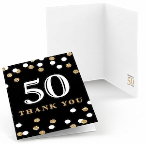May include: Black and gold thank you card with white polka dots and the number 50. The text "Thank You" is below the number 50.