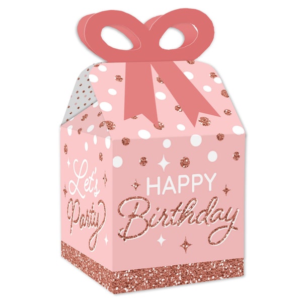 Pink Rose Gold Birthday - Square Favor Gift Boxes - Happy Birthday Party Bow Boxes - Set of 12