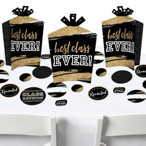 May include: Black and gold class reunion table decorations with confetti, centerpieces, and table scatters. The centerpieces feature the text "best class ever!" and the table scatters include the text "reunited" and "class reunion".