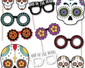 Day Of The Dead - Photo Booth Accessories - Fun Selfie Halloween Sugar Skull Party Card Stock Paper Props Glasses - 10 Halloween Photo Props