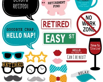 20 Retirement Photo Booth Props - Retirement Photobooth Kit with Custom Talk Bubble for any Party