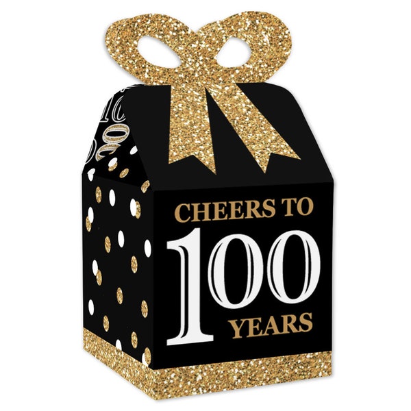 Adult 100th Birthday - Gold - Square Favor Gift Boxes - Birthday Party Bow Boxes - Set of 12