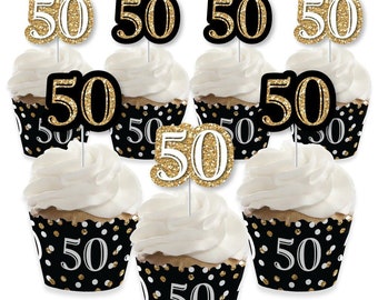 Adult 50th Birthday - Gold - Cupcake Decoration - Birthday Party Cupcake Wrappers and Treat Picks Kit - Set of 24