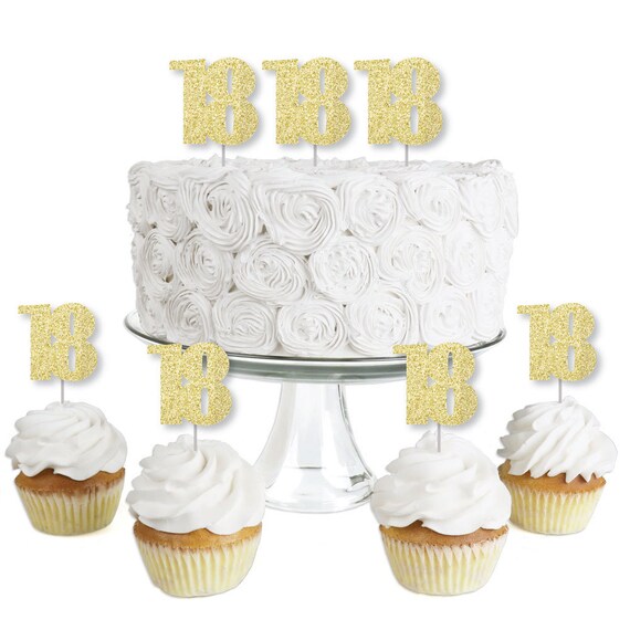Gold Glitter 18 - No-Mess Real Gold Glitter Dessert Cupcake Toppers - 18th Birthday Party Clear Treat Picks - Set of 24 Il_570xn