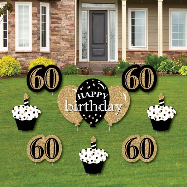 Adult 60th Birthday - Gold - Yard Sign and Outdoor Lawn Decorations - Happy Birthday Party Yard Signs - Set of 8