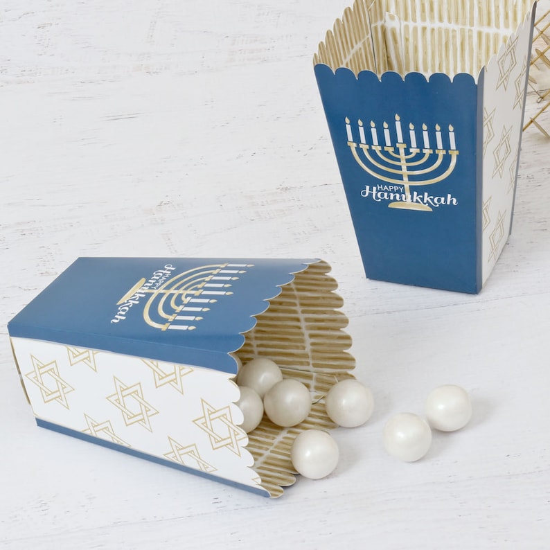 Popcorn Boxes 12 Pack Happy Hanukkah Chanukah Party Favor Boxes - Movie Theatre Style Personalized Popcorn Treat Box