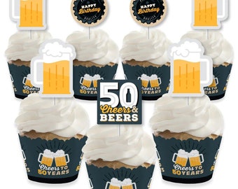Cheers and Beers to 50 Years - Cupcake Decoration - 50th Birthday Party Cupcake Wrappers and Treat Picks Kit - Set of 24