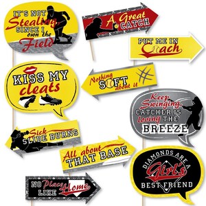 May include: A set of 10 colorful baseball-themed photo booth props with sayings like "It's not stealing since I own the field", "Kiss my cleats", "Nothing soft about it", "Keep swinging, catcher is loving the breeze", and "Diamonds are a girl's best friend".