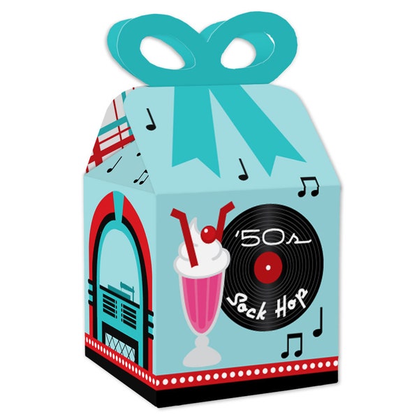 50’s Sock Hop - Square Favor Gift Boxes - 1950s Rock N Roll Party Bow Boxes - Set of 12